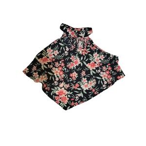 SHEIN CURVE Black Floral Halter Top Strappy Neck Blouse 2XL Tropical Print